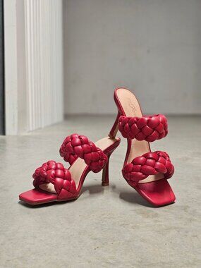 Braided Red High Heel Slide Sandals With Square Toe & Double Strap Design